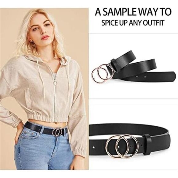 2 Pack Women\'s Faux Leather Jeans Belt with Double O-Ring Buckle